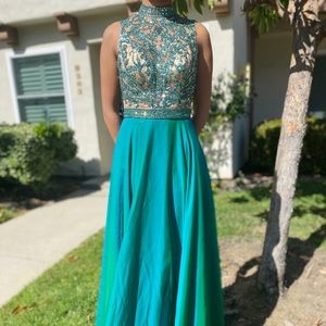Sherri Hill Blue Green High Neck Prom Dress